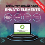 Engaging main banner for Envato Elements Unlimited Downloads featuring a dynamic and creative design.