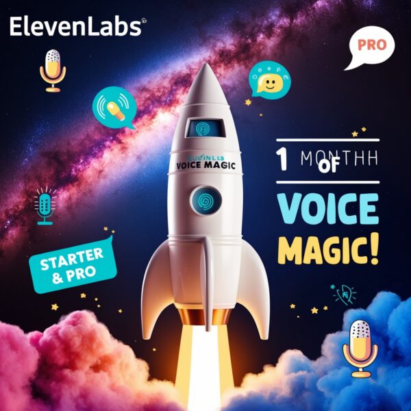 Grand rocket ship labeled Elevenlabs Voice Magic surrounded by cosmic elements, symbolizing one month of voice magic.