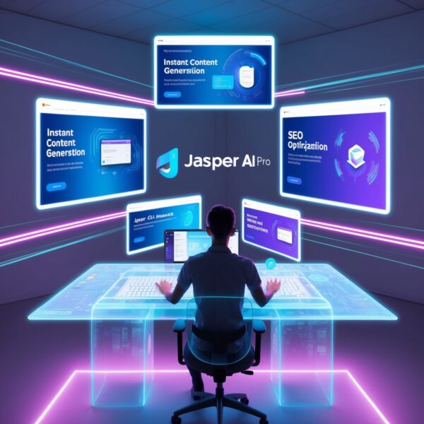 Futuristic workspace showcasing Jasper AI Pro in action