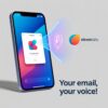 Smartphone displaying email app with futuristic voice wave, representing Elevenlabs activation via email.