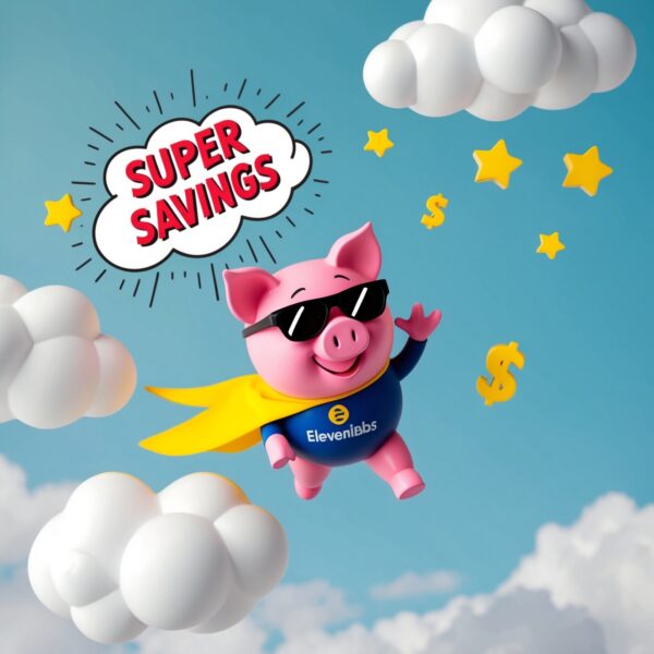 Cartoon piggy bank showcasing super savings, flying with dollar signs and stars in the background, promoting Elevenlabs.