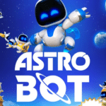 Astro Bot character jumping through a colorful 3D platforming level on PlayStation 5