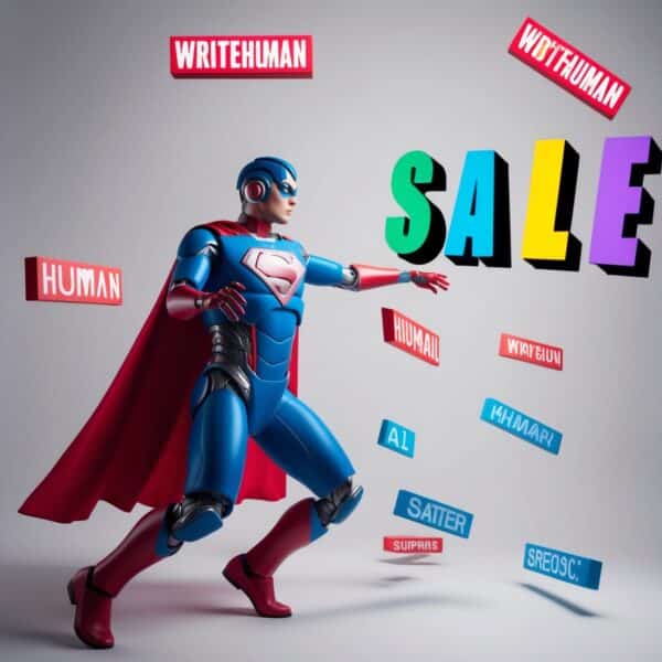 Writehuman Ai Basic Plan sale featuring robot-to-human transformation