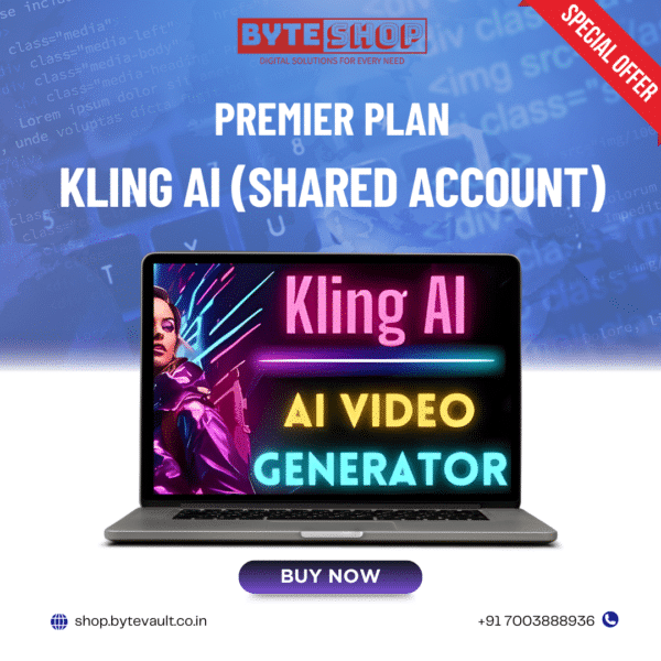 Kling AI Shared Account Premier Plan logo with video editing elements.