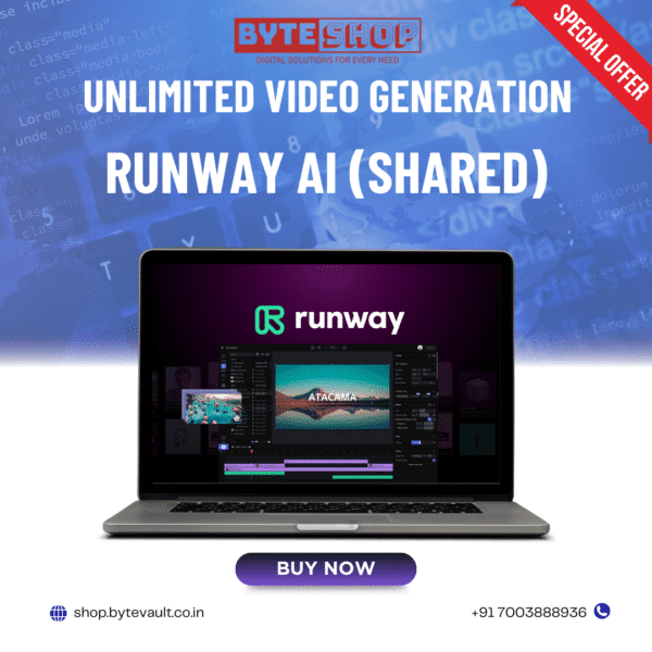 Runway AI Video Generator interface showcasing unlimited video creation on a shared account