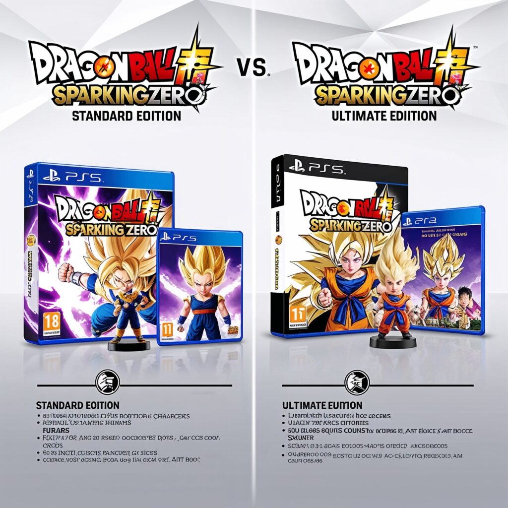 Comparison of Dragon Ball Sparking Zero PS5 Standard Edition and Ultimate Edition showing exclusive content.