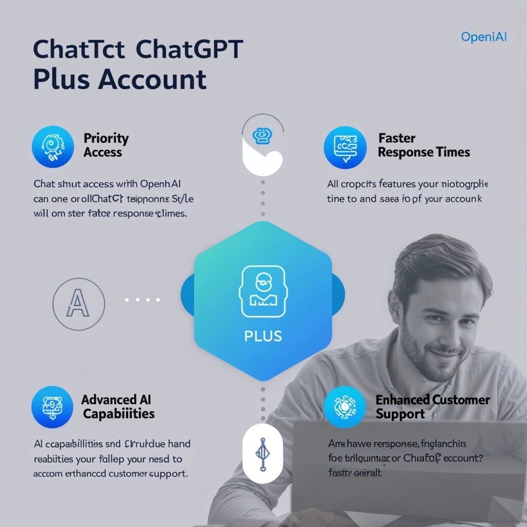 Design an infographic-style image highlighting the key features of ChatGPT Plus Account. Include icons and short descriptions for features like Priority Access, Faster Response Times, Advanced AI Capabilities, and Enhanced Customer Support. Use a cohesive color scheme with OpenAI branding colors (blue, white, and gray) and ensure the design is clean and easy to understand.