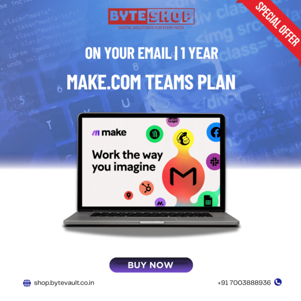 Make.com Teams Plan subscription on laptop showcasing key features