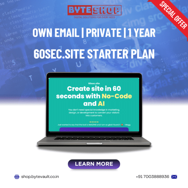 60sec.site Starter Plan website interface on laptop