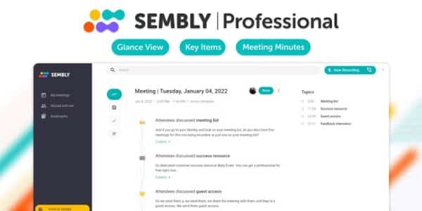 Sembly.ai Pro dashboard with AI meeting notes and chat