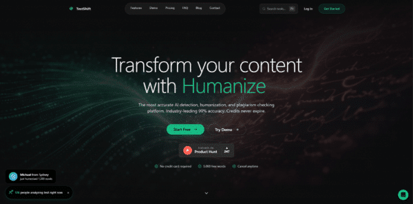 TextShift AI detector and humanizer tool dashboard interface 2026