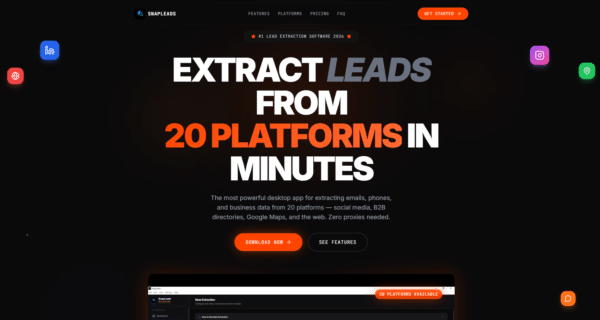 SnapLeads AI lead generation tool dashboard extracting leads from 20+ social platforms