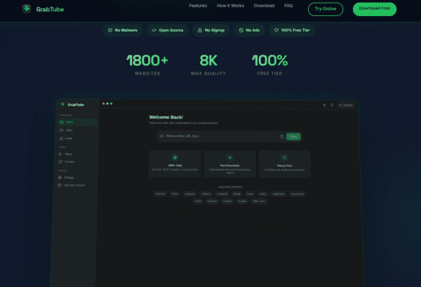 GrabTube video downloader in action downloading 8K video on laptop