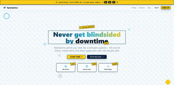 ByteUptime Pro uptime monitoring dashboard showing 99.9% uptime status